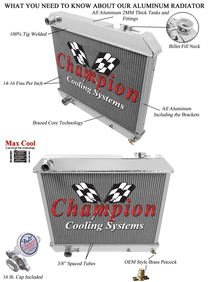Cadillac Deville 1961-65, serie 62 aluminio Champion radiador de refrigeración, 3 filas Foto 4 de 4