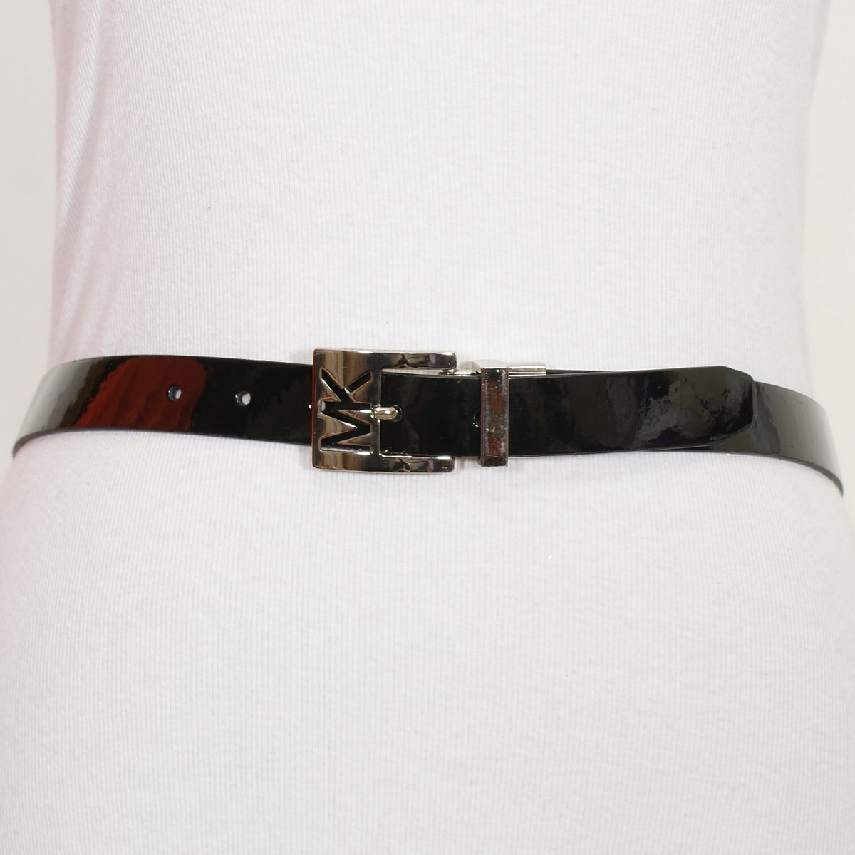 MICHAEL Michael Kors Black Synthetic Patent Leather Logo MK Belt Size Medium MICHAEL KORS Black White Pebbled Logo Patent Leather  main image 3