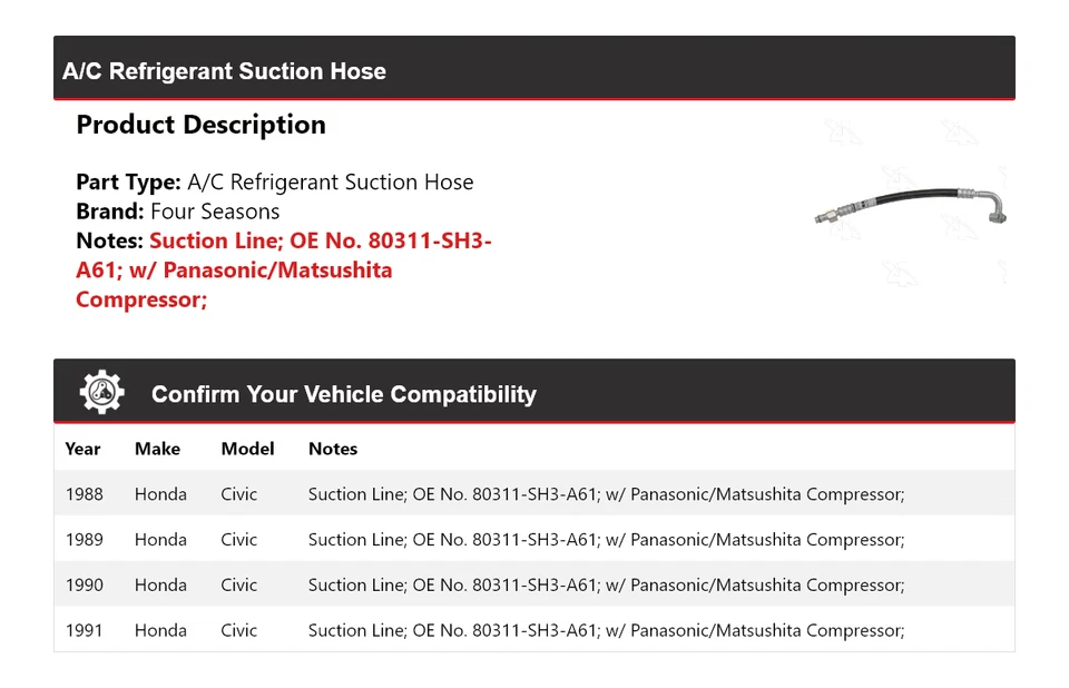 Шланг всасывания хладагента для Honda Civic 1988-1991 годов выпуска 4 сезона 1989 1990 - Изображение 2 из 4