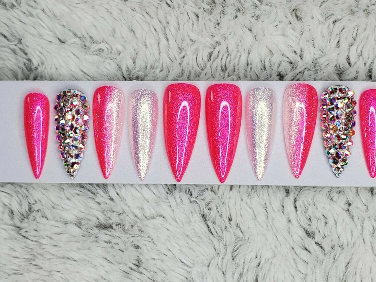 Hot pink nails with rhinestones | Rhinestone nails, Nails, Pink nails