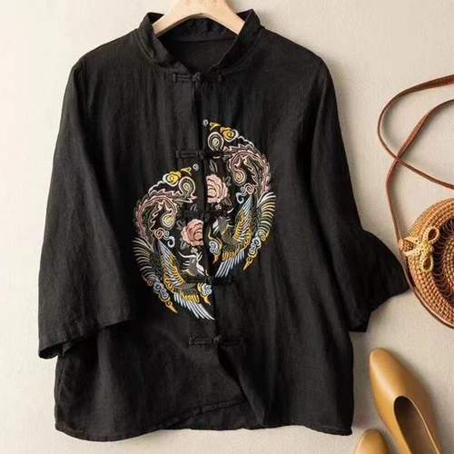 Chinese style cotton linen shirt embroidered top women's stand up collar party- - Bild 12 von 22