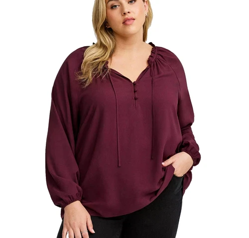 Torrid Challis Front Tie Blouse in Burgundy Wine - Size 0X
