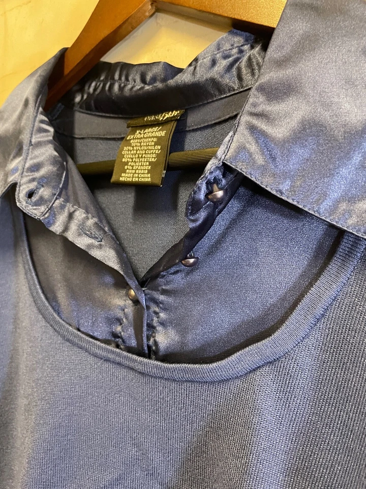 Blusa East 5th XL Azul Tejido Top con Cuello y Puños de Seda Manga Larga Foto 3 de 4