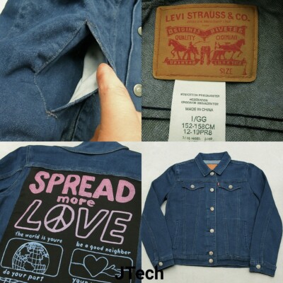 Levis Denim Jacket Youth 12-13 Large Blue Spread More Love Patch Pockets Trucker