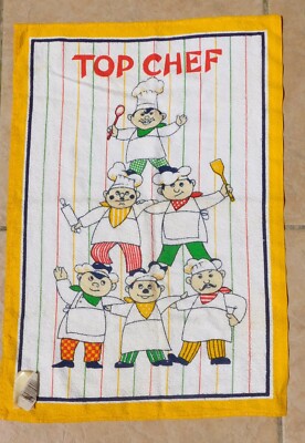 TOP CHEF Pyramid of 6 Cook's on a Tea Towel Kitchen Striped Colorful | eBay