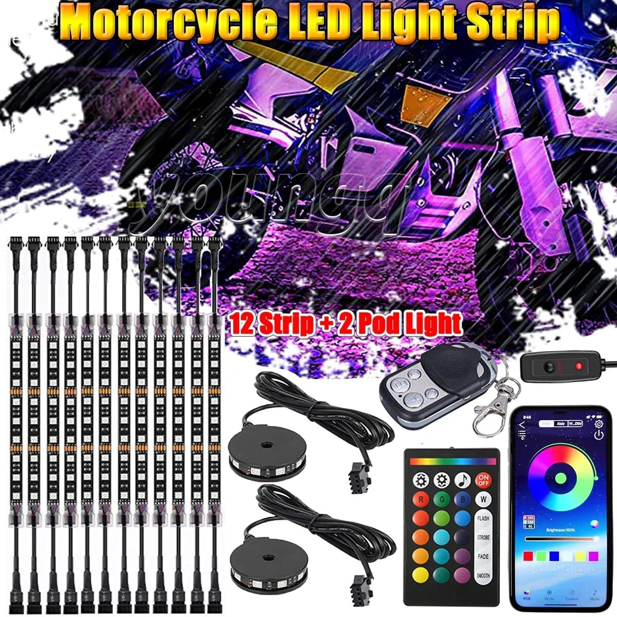 14X Smart Color bluetooth Motorcycle LED Light Strip Glow Accent Neon Wheel Pod