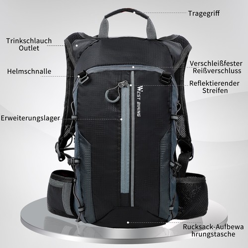 WEST BIKING Fahrrad Tasche Hydration Pack Radfahren Wandern Rucksack 10L Grau - Bild 7 von 14