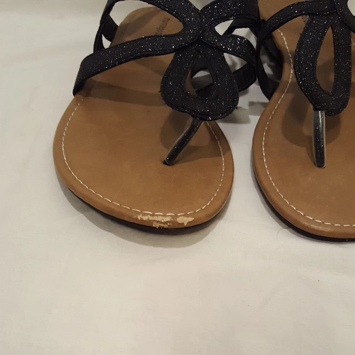 Strappy Flat Sandals Black Sparkly Women Size 11 Montego Bay Club Flat