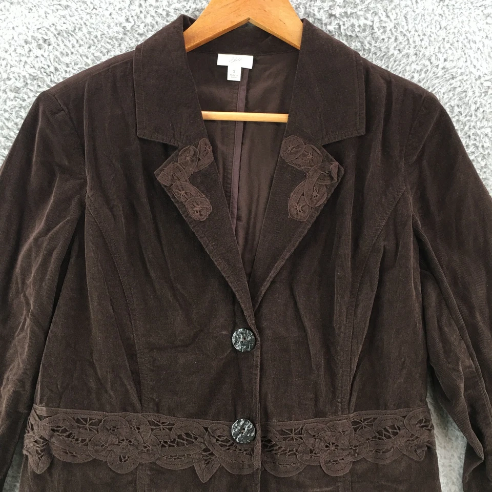 J. Jill 灯芯绒西装外套夹克女式小号棕色钩针细节领棉 — 第 2/4 张图片