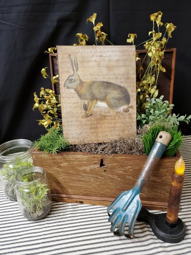 PRIMITIVE ANTIQUE VINTAGE FOLK ART SHABBY STYLE SUMMER GARDEN RABBIT ...