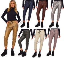 Italian Wet Look Ladies Faux Leather Magic Pants Joggers Trousers UK Plus Sizes
