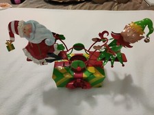 Christmas Metal Moving Seesaw Candleholder Santa & Elf Wind Up Music 
