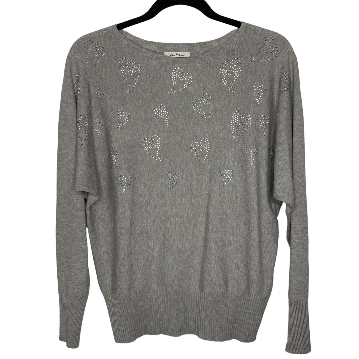 Vila Milano Gray Crystal Heart Bat Wing Pullover Sweater Sz M