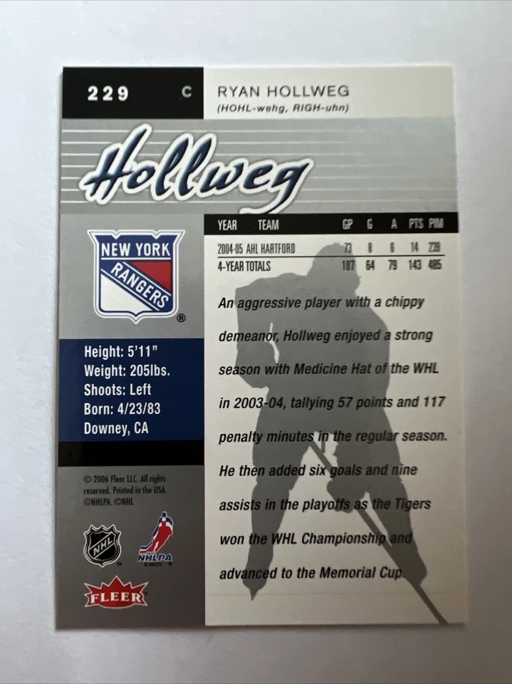 2005-06 Ultra Rangers Hockey Card #229 Ryan Hollweg Rookie - Image 2 of 2