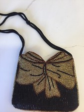 Womens Black Gold Beaded Evening Purse Shoulder Strap Handbag