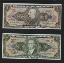 1964 and 1967 BRAZIL Five and Ten Cruzeiros Banknotes SET of Two UNCIRCULATED