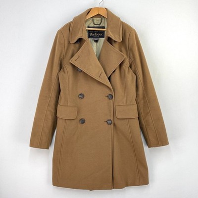 Barbour Falkirk Coat Womens 10 Brown Wool Double Breasted Overcoat Trench