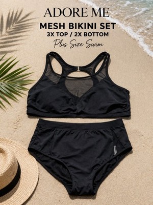Adore Me Black Mesh Bikini Set 3X Top 2X Bottom Plus Size High Waist Swimsuit