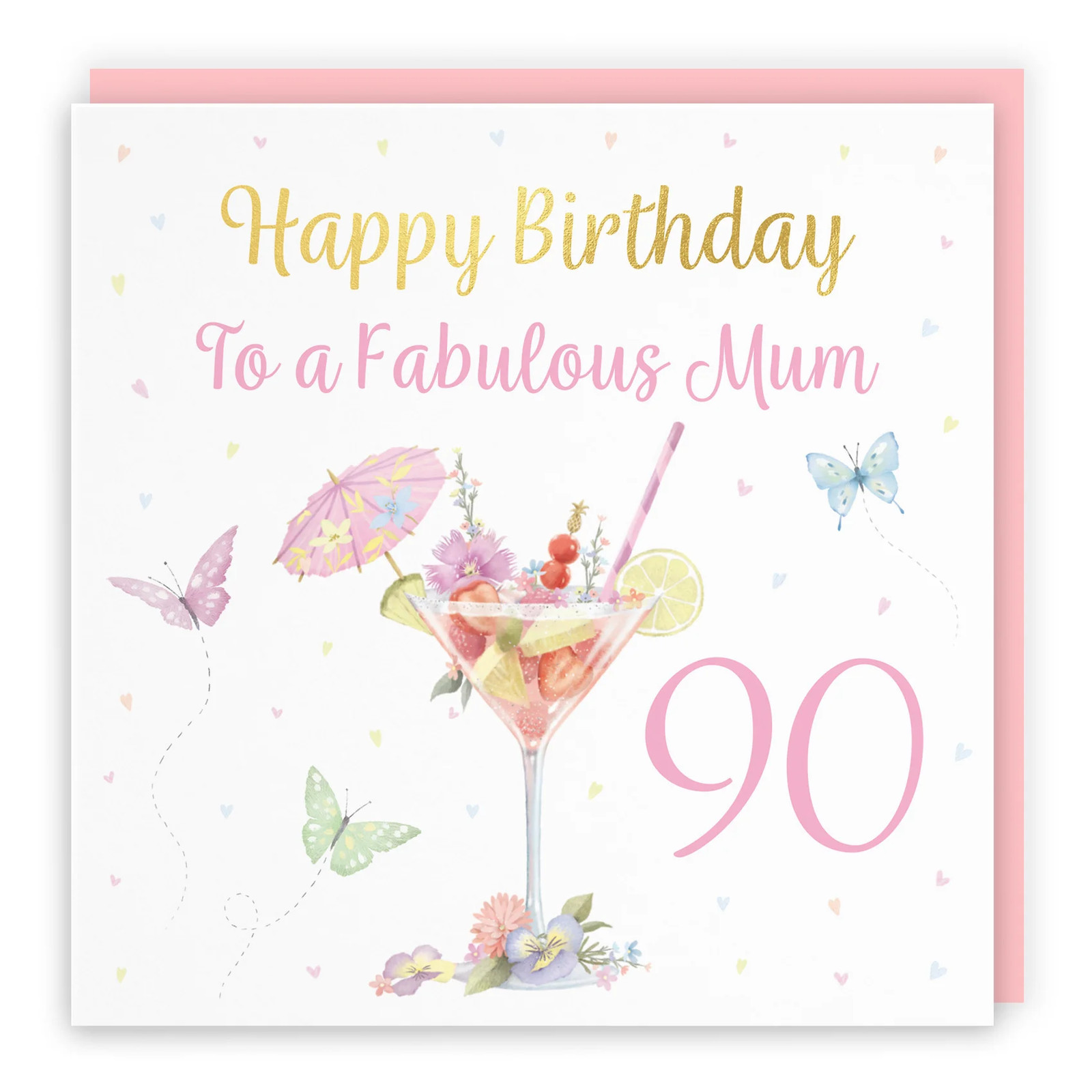 90th Mum Pink Cocktail And Butterflies Birthday Card Gold Foil Milo's Gallery