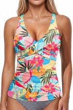 Underwire V Neck Tankini Top Ruched Tummy Control Twist Front Swim Top  Adju...