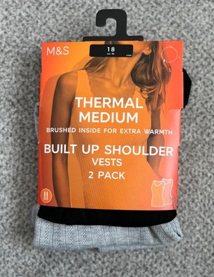 NEW M&S Ladies Black/Grey Thermal Pointelle Built Up Shoulder Vests 2 Pack: 18