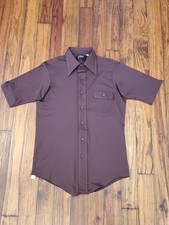 Vintage 70s JCPenney Short Sleeve Button Shirt Brown Polyester Ultressa Size S/M