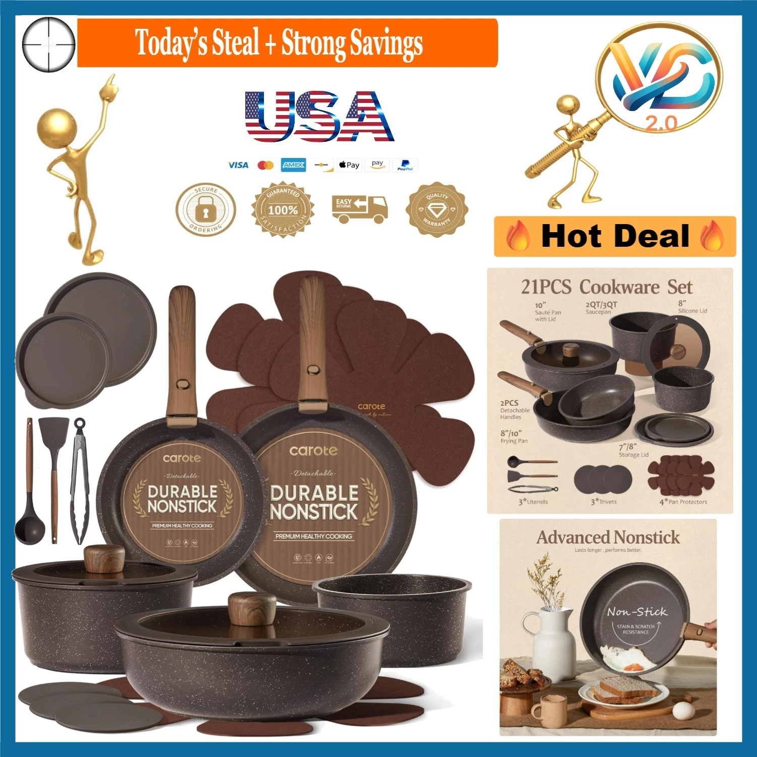21PCS Non Stick Pots and Pans Set with Detachable Handles Brown for Kitchen