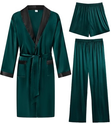 SWOMOG Men's 3 Pcs Robe Silk Satin Kimono Bathrobe with Shorts&Pants Set Ligh...