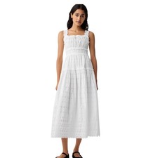 Gap x Doen White Eyelet Midi Dress Cotton Lace Tiered Smocked Button Front XS