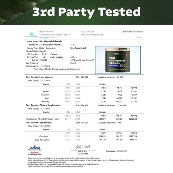 3PACK - Reus Research NAD+ Supplement 900mg Anti-Aging Nicotinamide Riboside