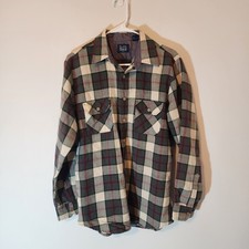 Vintage Men 80s Sears Check Flannel Shirt Grey White Plaid Medium Tall 15-15 1/2