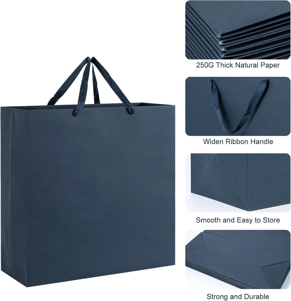 Sacolas de presente marinhas grandes, 17"X7"X17" azul marinho sacos de papel Kraft com alças pacote com 12 - Imagem 3 de 4