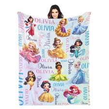 Personalized Princess Flannel Blanket – Cute Cartoon Custom Name Kids Gift