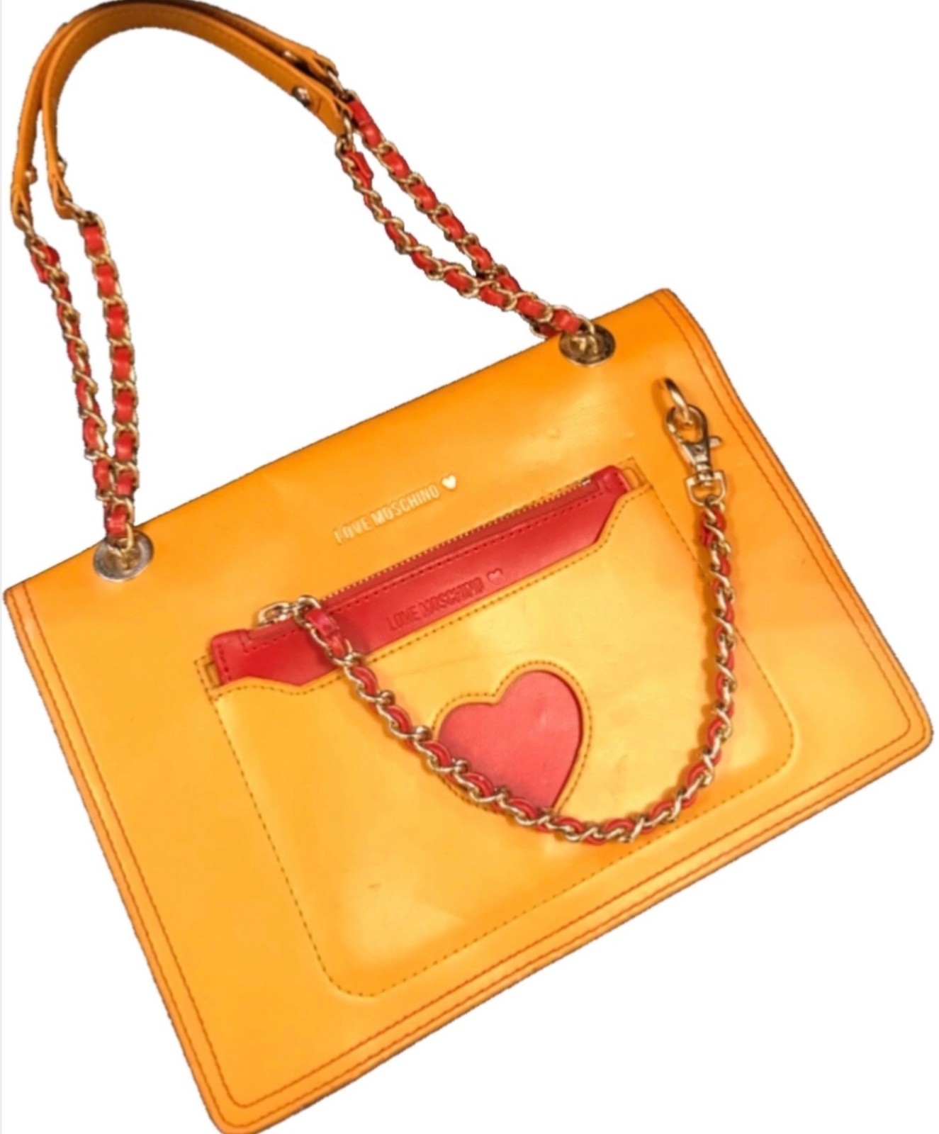 LOVE MOSCHINO Mustard and Red Chain Link Logo Plaque Bag image 8