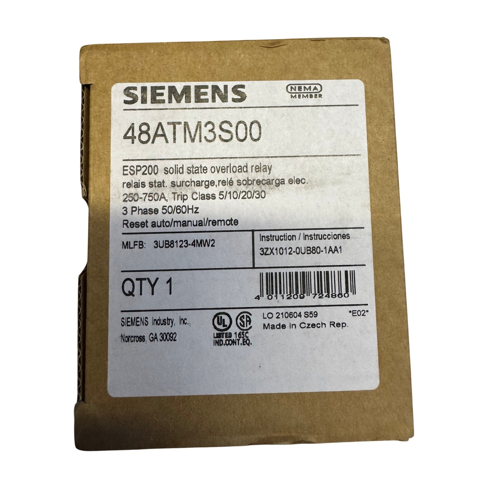 Siemens 48ATM3S00 ESP200 250-750A Solid State Overload Relay 3UB8123-4MW2