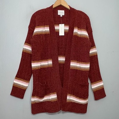 Pink Rose Cardigan Size Large Rust Stripe Soft Chenille Sweater Cozy Boho Chic