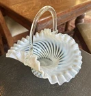Fenton White Opalescent Twist Spiral Ruffled Edge Handle Basket