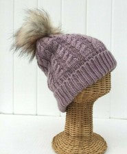 Lavender Knitted Beanie Ski Hat W/ Faux Fur Pom Plush Lining Stretchy Thick J