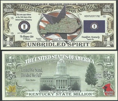 Kentucky State Million Dollar Bill Play Funny Money Novelty Note + FREE SLEEVE