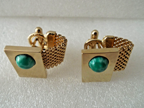 ***60s gold tone CUFFLINKS Turquoise stone + Tie Tack!! - Picture 4 of 5
