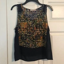ELODIE Women's Size Small Blue Tan Print Tank Top Semi Sheer Mixed Media Blouse