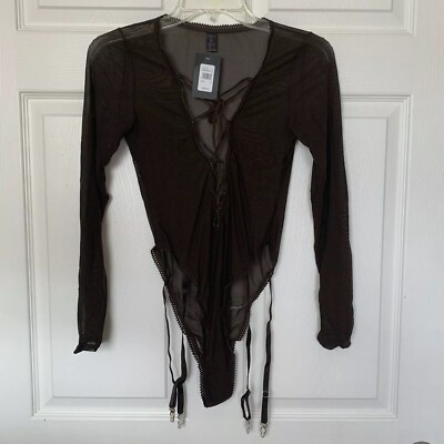 Frederick's of Hollywood Chocolate Brown Lola Lee Sheer Mesh Bodysuit Medium NWT