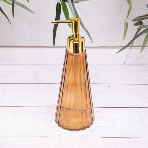 Seifenflasche Lotionspender Glas gerippt bernstein grün braun nachfüllbar gold Pumpe - Bild 4 von 6