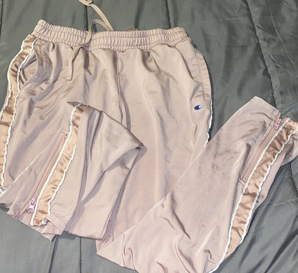 Pantalones Champion Logo Script Rayas Laterales Cremallera Oro Rosa con Bolsillos Talla M Foto 2 de 4
