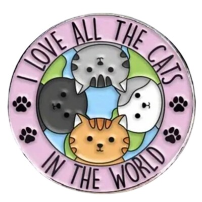    I LOVE ALL THE CATS   IN THE WORLD   Charming kitty faces.  Pin, brooch.