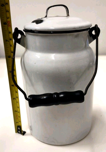 Antique White Lidded Enamelware Milk Pail