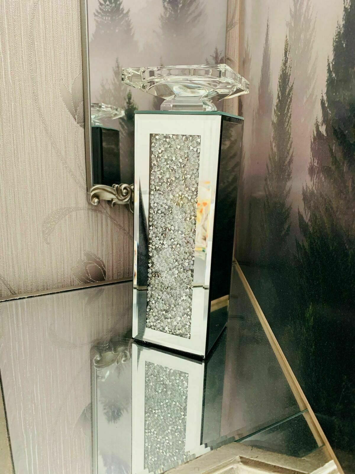 Tall Crushed Crystal Pillar Candle Holder Stand Jewel Diamante Mirror