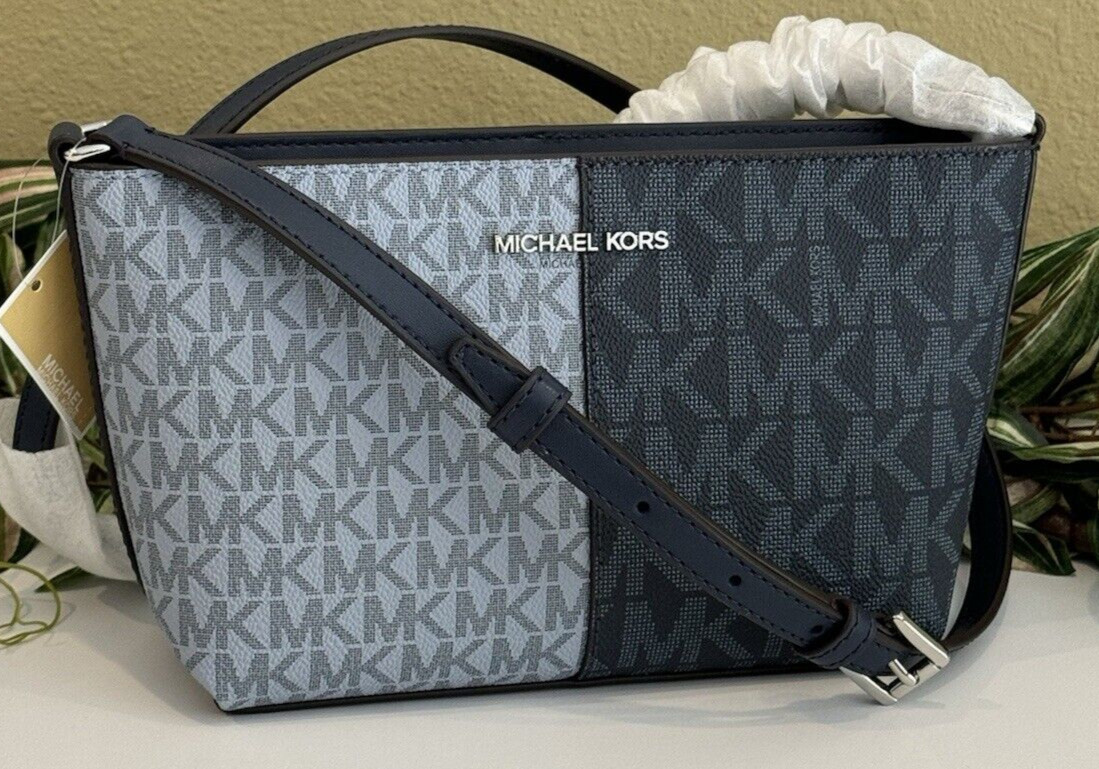 MICHAEL KORS JET SET SMALL TOP ZIP CROSSBODY BAG 2 TONE MK NAVY BLUE LOGO SILVER