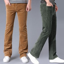 Men 60S 70S Slim Stretch Corduroy Bell Bottom Flared Pants Bootcut Long Trousers