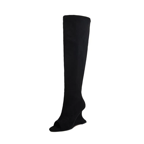 Women's Faux Suede Peep Toe Wedge Stretched Chic Slouchy Boots Sandal Shoes - Imagen 15 de 17